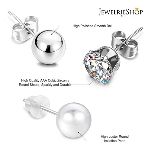 JewelrieShop Earrings Studs Set for Women Stainless Steel CZ Ball Faux Pearl Hoop Hypoallergenic Silver Multiple Ear Stud Earing for Men2