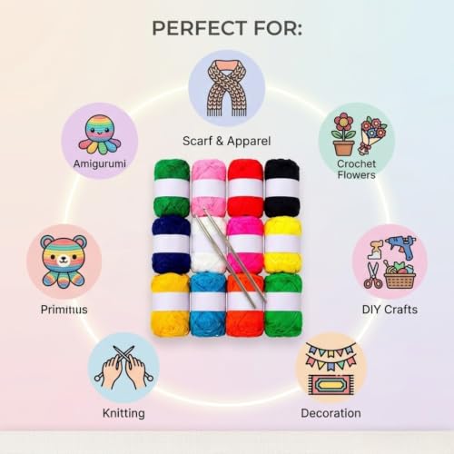 Image of 12 Color Wool Oon Yarn Balls Set with 2 Crochet Kroshiya Hooks | Soft Knitting Wool Yarn Kit for DIY Crafts, Crochet, Weaving & Beginners | Multicolor Craft Yarn for Art, Decoration & Hobby Use