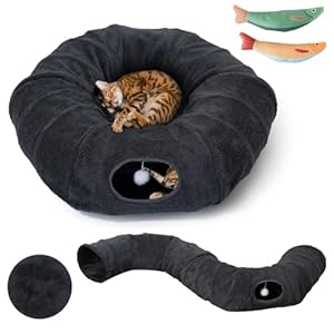 R1M Cat Tunnel Bed for Indoor Cats, Cute Cat Donut Tunnel with Two Fish Toys, Washable Circle Cushion, Round Pet Peekaboo Cave Toy for Kitten, Puppy, Rabbit, Dark Grey