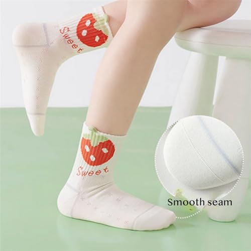 Girls' Summer Thin Cotton Mesh Socks 5 Pairs, 3-16 Years Olds Cute Cartoon Strawberry Bunny Cat Mid-calf Socks3