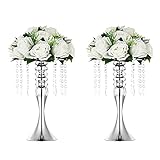 Sziqiqi - Centrotavola floreale in argento con fiore alto e perline di cristallo, per eventi, feste, matrimoni, ricevimenti, centrotavola e composizioni floreali, confezione da 2 pezzi, 35 cm
