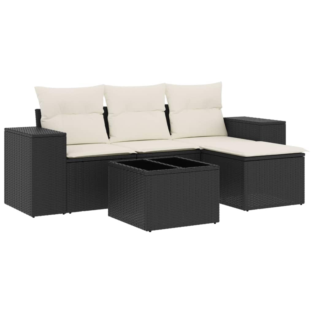 Set Divani da Giardino 5 pz in Rattan PE Nero con Tavolo in Vetro