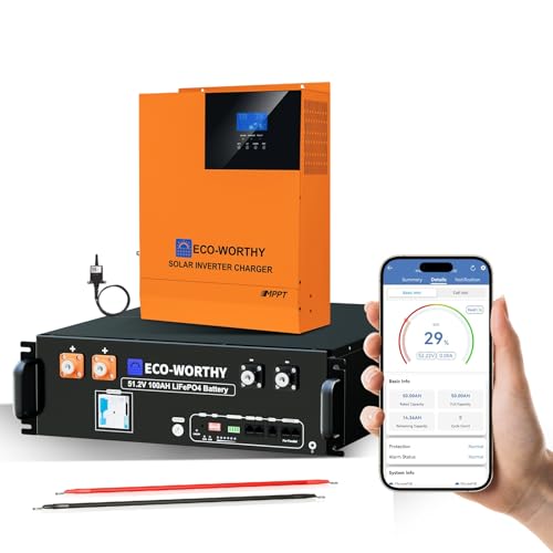 Eco-Worthy Lifepo4 48 V 100 Ah Bluetooth 5.12 Kwh Con 5000 W Hybrid Inverter, 3u Vivienda Serverschrank Bateria Lifepo4 Con Soporte Can Rs485 Para Sistema Fotovoltaico, Sistema Solar Completo