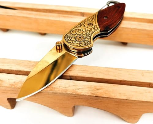 DOOM BLADE Gifts for Men Pocket Knife, Keychain Folding Knives with Pocket 440C Stainless Steel Blade with Wood Handle,Lightweight,Tactical Knife with Liner Lock,for Outdoor,Hunting,Camping(Gold)
