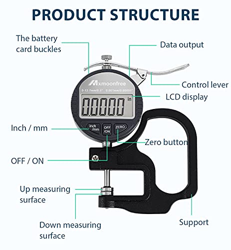 Digital Thickness Gauge 0.001mm/0.00005" | 0-12.7mm/0.5" Electronic Micrometer Thickness Meter with LCD Display, Unit Conversion, Storage Case, Extra Battery