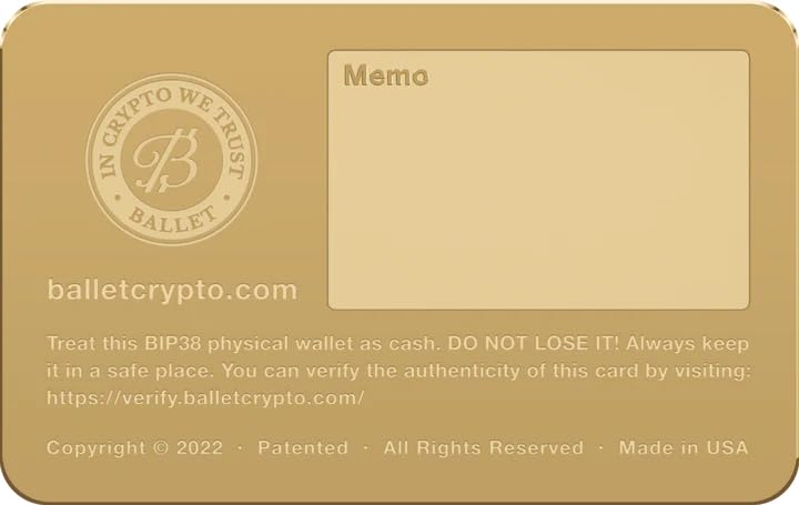 Ballet Gold Plated Crypto Wallet - The Easiest Crypto Cold Storage Card - Hardware Wallet with Secure Multicurrency and NFT Support (BTC Gold)