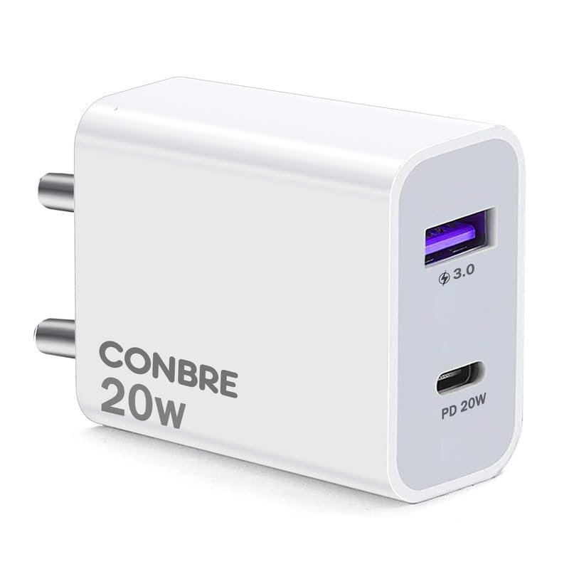 CONBRE® Fast Charger 20W USB Type C/A Wall Charger with Double Wall Adapter | Power Delivery 3.0 & USB A Fast Charge Adaptor for iPhone,Android & Other Type C Enabled Devices (White) (20w)