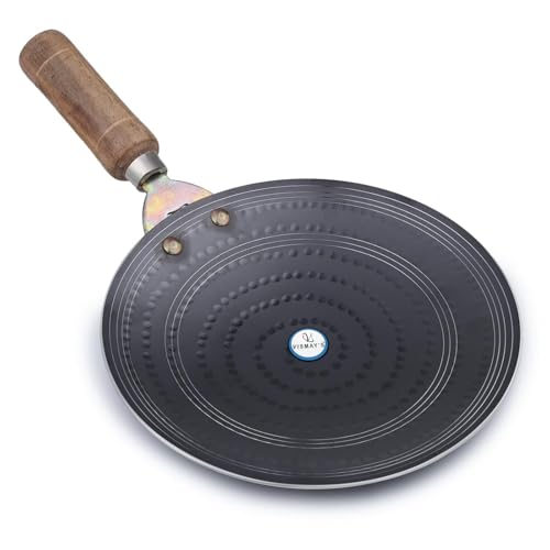Image of VISMAY'S Pure Iron Tawa 9.5 Inch First in India with Smooth Edge Technology Wooden Handle Metal Spoon Friendly Hammered Loha Tava Ideal for Roti Chapati (1200 gm)