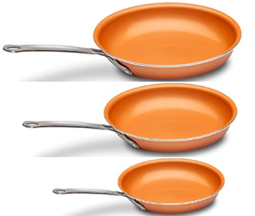 Healthy Nonstick Ceramic Coated Frying Pan - 3 Pcs Eco Friendly Durable Fry Pan Cookware Set (8, 10 & 12 Pans) (Copper Stainless Steel) #TOP22