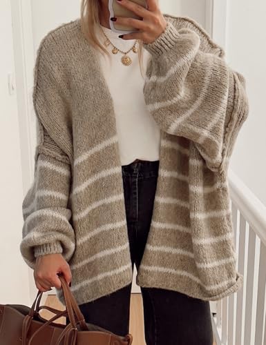 Image of Kissonic Women's Striped Cardigan Sweaters Open Front Long Sleeve Chunky Knit Oversized Fall Sweater Coat