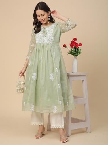 Image of RATAN Women's Muga Cotton Flared Lucknowi Chikankari Ethnic Wear Kurta
