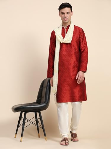 SKAVIJ Men's Jacquard Silk Kurta Pajama Set with Scarf Ethnic Motifs 3-Piece Set (Small, Red)3
