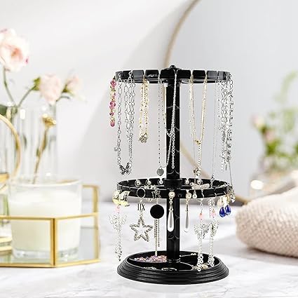 morel PLASTIC 3 TIER EARRING HANGER ROTATING JEWELLERY, CHAINS, EAR-RINGS, BRACELET, NECKLACE STAND FOR DISPLAY JEWELLERY ORGANIZER 12 INCH (1 PC, BLACK COLOUR) (3 TIER BLACK) 3