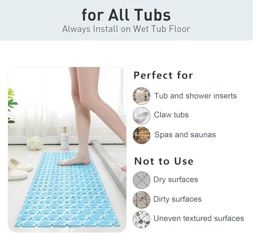 Image of HomeCloud Non-Slip Shower Mat for Bathtub, Anti-Slip Bath Mat with Suction Cups, Drainage Holes & Foot Massage Exfoliating Surface (D Blue)