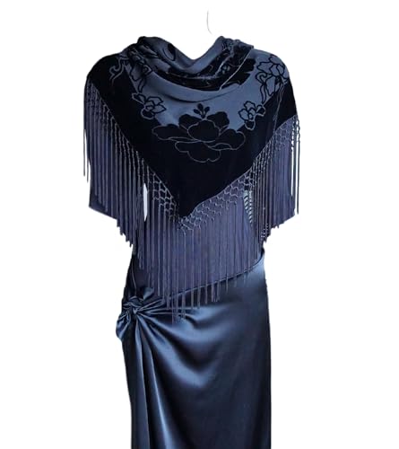 Silk Base Burn-out Velvet Triangle Scarf, with 8" Tassel on two sides, Flora pattern, All Black4