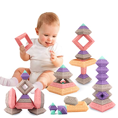 Joyyy Blocks for Toddlers 1-3, Pyramids Building Blocks, Silicone Baby Stacking Toys for Toddlers Boys Girls, Creative Preschool Educational STEM Montessori Sensory Learning for Kids(31 pcs)