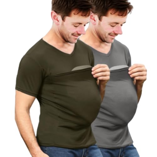 Image of Generic Men's Carrier Shirts Short Sleeved V Neck T Shirt Skin to Skin Quick Drying Athletic Tops with Multifunctional Pocket, X-Large, 08dgrey+agreen