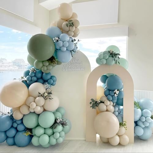 Image of Dusty Blue Sage Green Balloon Arch Kit, 140Pcs Fog Blue and Light Blue Green Sand White Balloons Different Size with Heart Foil Balloon for Baby Shower Bridal Anniversary Birthday Party Decorations