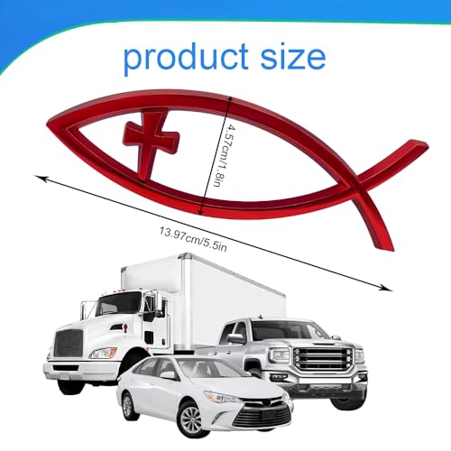 Image of Christian Cross Fish Auto Emblem, Jesus Fish Car Emblem, Weatherproof Christian Symbol Ichthus Cross Decal, Chrome Sliver Badge Bumper Stickers Car Accessories Fit for Most Vehicles (Red)
