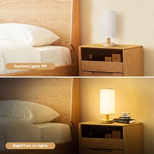 Image of Small Bedside Table Lamp for Bedroom, Minimalist Wood Base & Round Fabric Shade, Mini Cute Cozy Warm White Nightstand Boho Lamp, Study Desk Night Stand Light for Room, Dorm, Nursery, Living Room