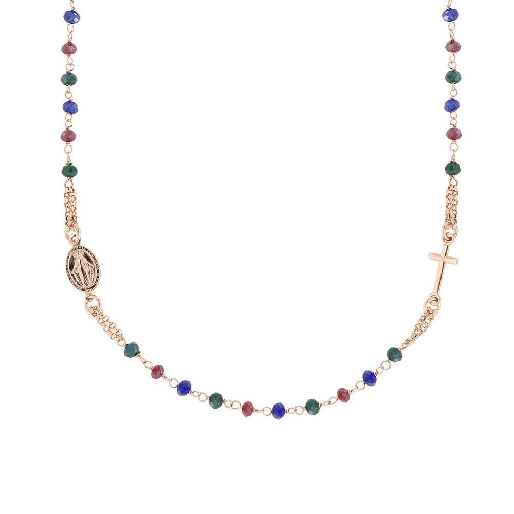 Linea Italia Gioielli - Collar Rosario para Mujer en Plata 925 Rosa con Cruz, Medalla Virgen y Piedras Multicolores - Joya Certificada Made in Italy