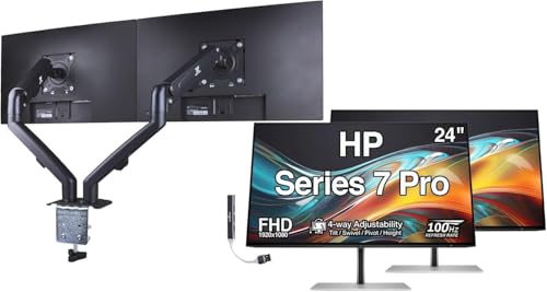 Image of HP Series 7 Pro 24 inch FHD IPS Monitor with 4-Way Adjustability, Anti-Glare, Flicker Free, VESA Mount (100mm), Displayport, HDMI with Dockztorm Hub & ErgoFlexy Dual Mount Arms, Black /Silver 2 Pack