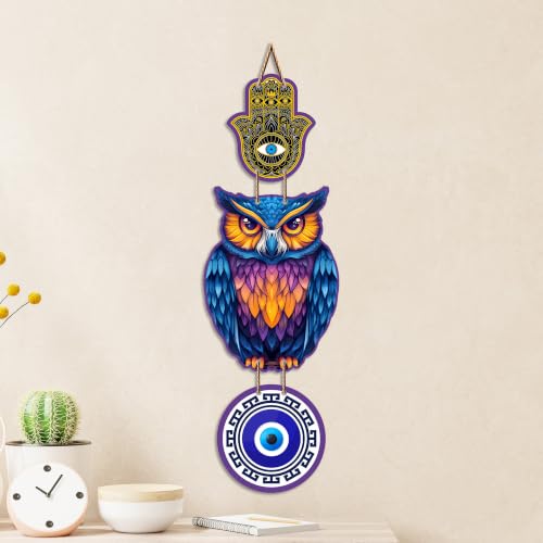 Image of Artvibes Lucky Owl Nazar Battu Wall Hanging for Main Door & Entrance | Evil Eye MDF Decorative Wall Art | Positive Energy Vastu Decor for Living Room | Balcony | Office | Hallway | Gift (WH 8529N)