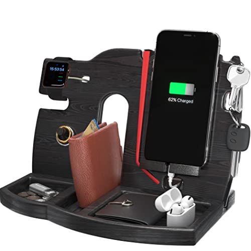 BarvA Wood Docking Station Tray Cell Phone Smartwatch Holder Men Charging Accessory Nightstand Father Mobile Base Gadget Organizer Dresser Wallet Storage Anniversary Birthday Graduation Gift