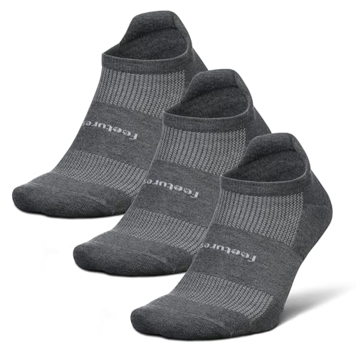 Feetures High-Performance Cushion No Show Tab Solid- para Hombres y Mujeres, Calcetines Tobilleros Deportivos, absorben la Humedad- Medianos, Gris Jaspeado-3 Paquetes