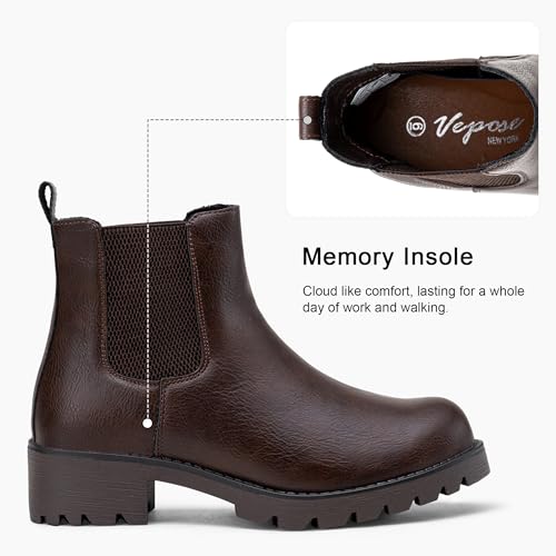 Image of Vepose Women's Chelsea Ankle Boots Pull-On Low Heel Booties 9607 | Flat short boots with elastic side, round toe for casual daily