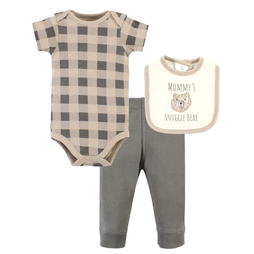 Image of Hudson Baby Unisex Baby Cotton Bodysuit, Pant and Bib Set, Snuggle Bear, Newborn