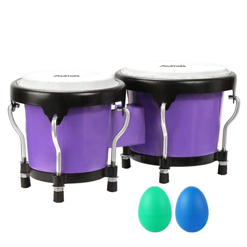 Soulmate Bongo Drum for Kids Adults Beginners 4'' and 5'' Bongos Set Tunable Natural Skin Percussion Instruments With Tuning Wrench (Purple)