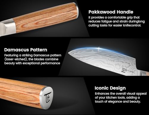 SYOKAMI Chef Knife Set with Roll Bag, Professional Japanese Kitchen Knives Sets, Damascus Pattern Pakkawood Wooden Handle, High Carbon Steel Knives with Case for Camp Outdoor Travel Gift 9 Piece