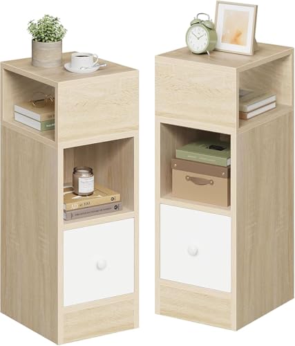 EUGAD Mesitas de Noche Pack 2, con 2 Compartimentos y 1 Cajón, 25x30x66 cm, Mesita Auxiliar para Salon y Dormitorio, Estilo Moderno, Madera, Roble Claro, 0192ZZ-2