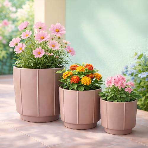 Image of Xtore Contour Ceramic Planter Set | Soft-Tone Minimal Plant Pots for Home & Office Decor - (Set of 3, Taupe, Planter ONLY)