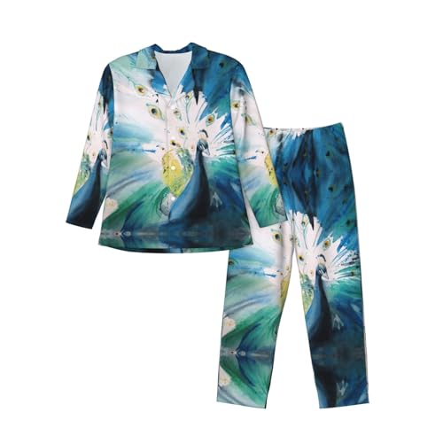 Pyjama homme manches longues imprimé paon boutonné : ensemble vêtements de nuit doux