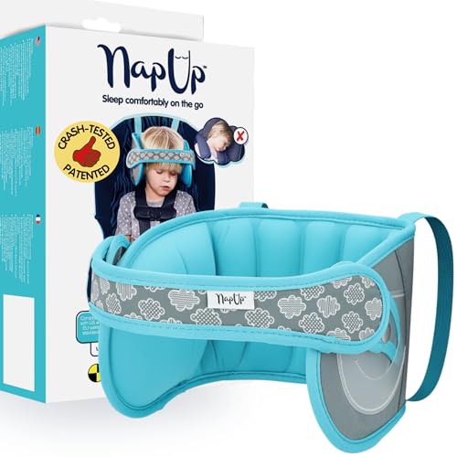 NapUp Adjustable Head Support for Car Seat Patented & Crash-Tested Anti-Bobbing Head Holder Strap Comfortable Sleep Solution - Breathable Fabric Kids Travel Accessories - Ages 2+ - Light Blue