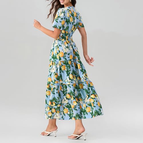 Image of Women Summer Boho Maxi Dress Smocked Waist V-Neck Short Sleeve Tiered Flowy Dresses Beach Sundress Clubwear (A-01, L)