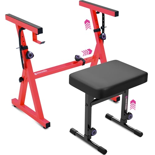 Image of Liquid Stands Portable Heavy Duty Digital Piano Stand & Bench Set - Adjustable Keyboard Music Stand & Seat for 54-88 Key Electric Pianos (Red)