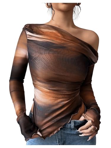 Women's Off Shoulder Tie Dye Mesh T Shirt Long Sleeve Asymmetrical Hem Ruched Fitted Tee Tops