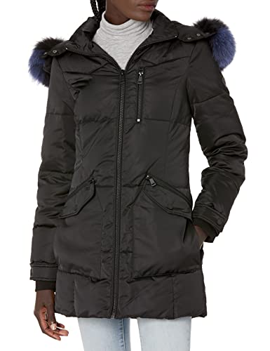 1 Madison Women's Warm Winter Coat with Fox Fur Trimmed Hood, Black, X-Small