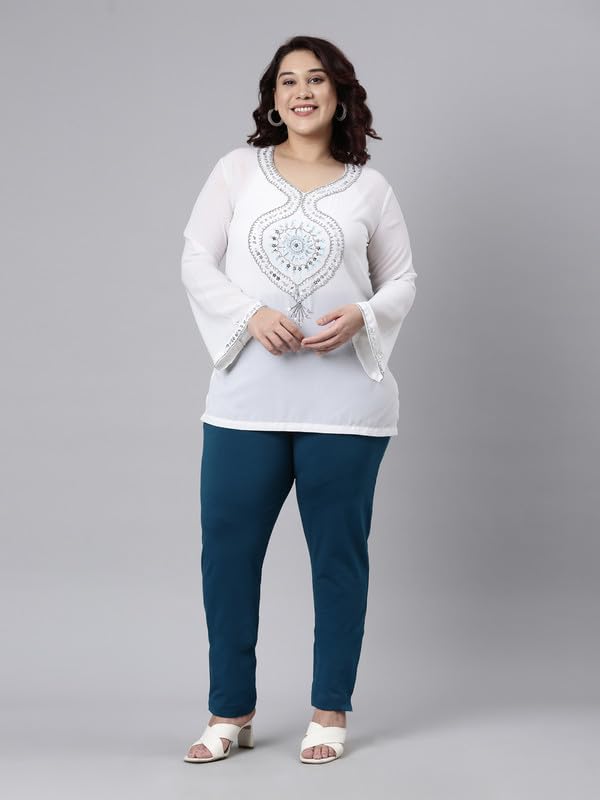 Image of GO COLORS Women Solid Turquoise Blue Mid Rise Regular Fit Kurti Pants