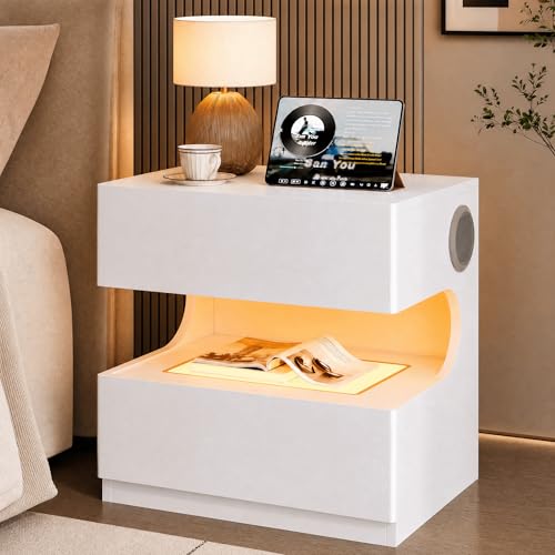 Image of Modern Nightstand with Bluetooth Speaker, Bedside Table with LED and Charging Station, 2 Drawers End Table with Visual Jewelry Drawer, Night Stand for Living Room /Bedroom