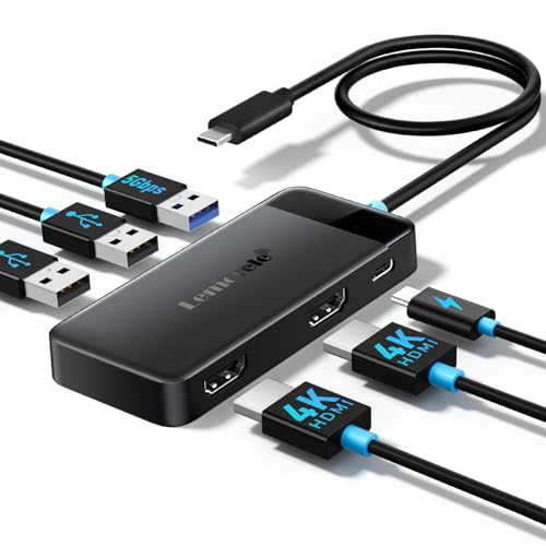 Lemorele USB C Hub 6-in-1 Dual HDMI 4K Docking Station - Long Cable Durable Hub with 100W PD Charging & USB 3.0, Wide Compatibility for Laptop/Gaming/Workstation