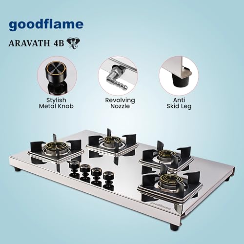 Image of goodflame Aravath 4 Burner Stainless Steel Gas Stove for Kitchen | Heavy 2MM SS Body | Brass Burners | 2 Year Warranty | ISI Certified | Manual Ignition | LPG Ready and PNG Compatible, (Silver)