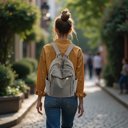Image of M-ioi-M Compact Small Fashion Backpack Purse for Women,Chic Mini Daypack with Gold-Tone Hardware,Casual Minimalist Lightweight Water-Resistant Nylon Bag for Petite Women & Daily Essentials(Gray Beige)