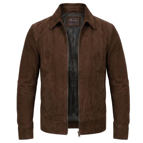 Image of Mens Polo Collar Zipper Suede Shirts Long Sleeve Shacket Suede Trucker Jacket Real Suede Leather Shirt