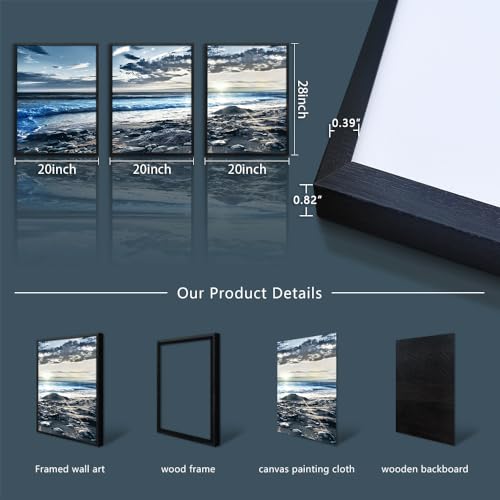Lapremoly Black Framed Wall Art For Living Room Large Wall Decor For Bedroom Office Decorations Blue Beach Seascape Wall Pictures Ocean Landscape Painting Poster Prints Artwork Home Decor 3 Piece