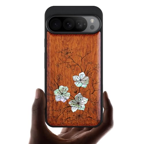 Coque Pixel 9 Pro en bois gravé et incrustation coquille, protection artisanale