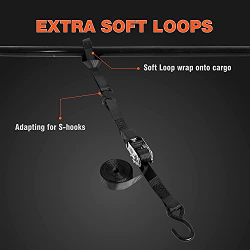 Jack Boss Ratchet Tie Down Straps Set 4 Pack,1" X 15' Ratchet Straps With 4X Soft Loops,Cargo & Motorcycle Tie Downs For Moving Securing Pickup Trucks,1500 Lbs Break Strength - 500 Lbs Load … #TOP5